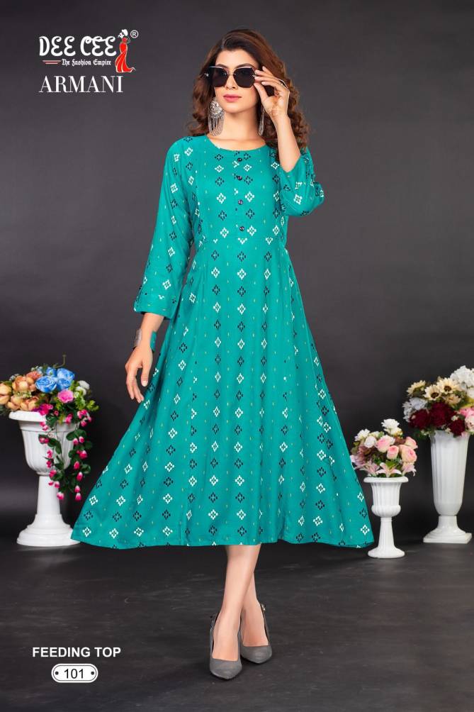 Armani By Dee Cee Flaired Rayon Printed Feeding Kurtis Wholesale Clothing Suppliers In India